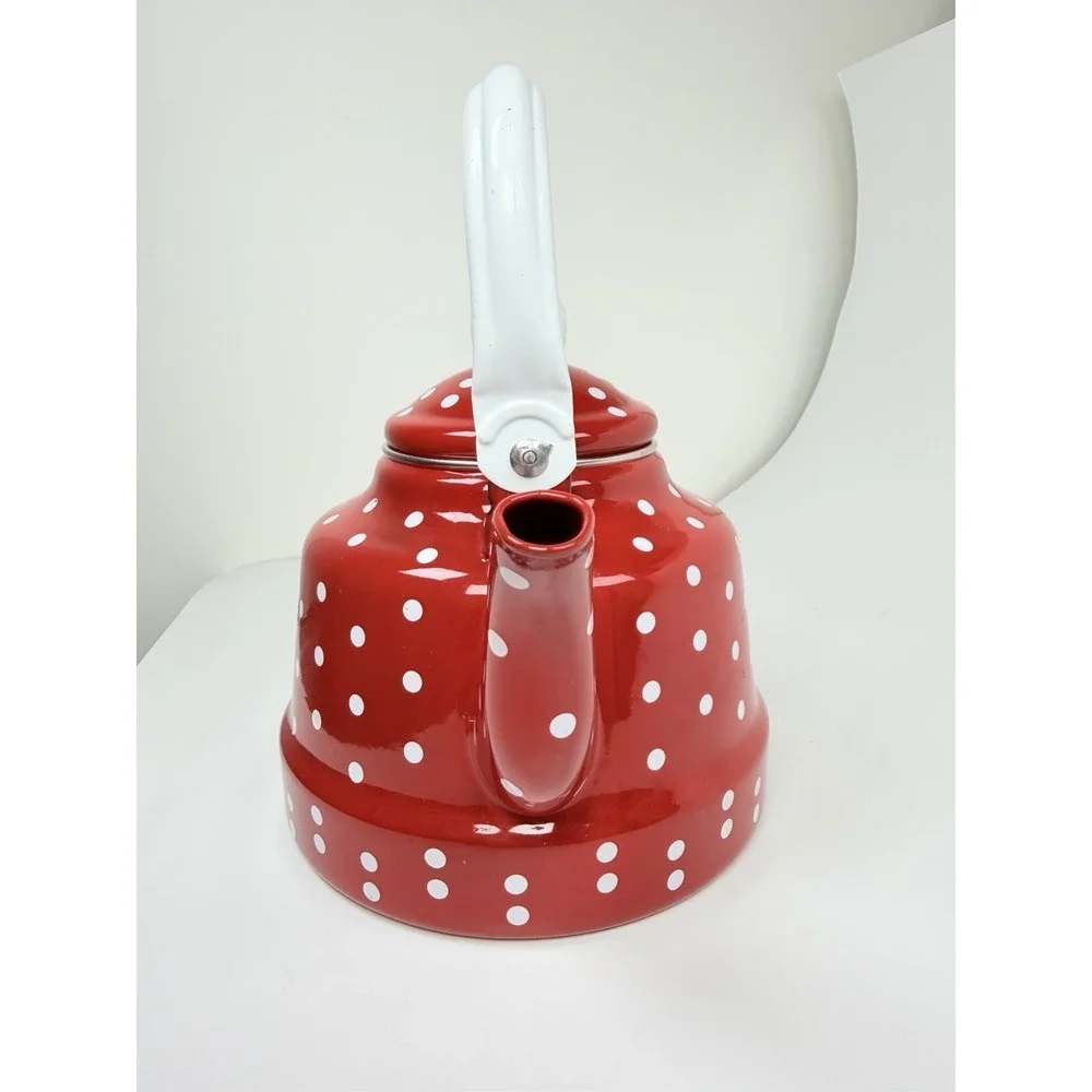 1L Red White Polka Dot Enamel Tea Kettle Teapot w/ Lid Stovetop Water Boiler